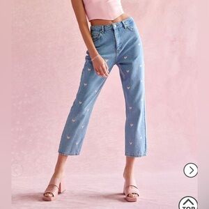 Blue Straight Leg Jeans with Pink Heart Accents